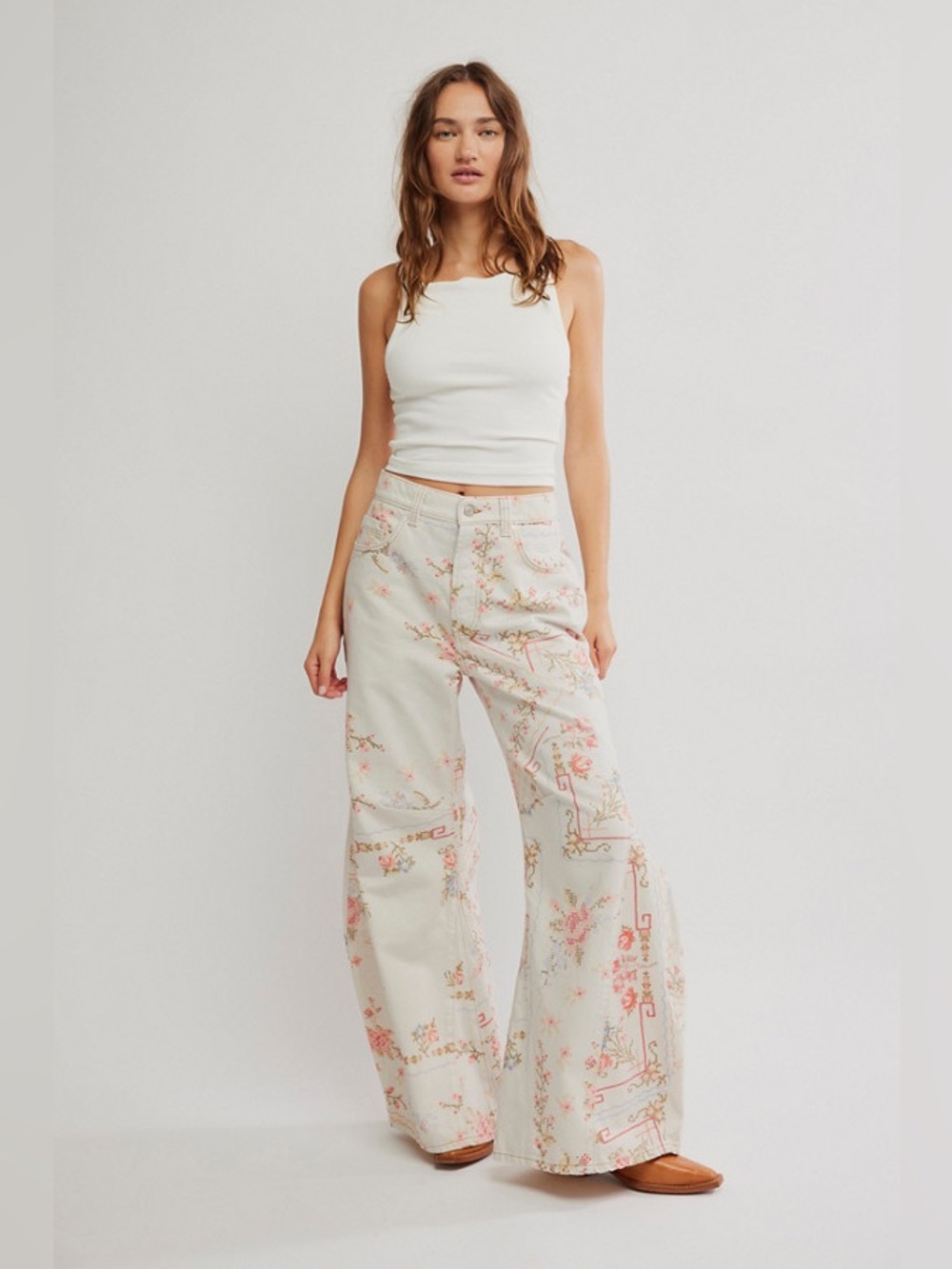 Free People Eden Printed High Slouchy Jeans | Ivory Combo Cross Stitch